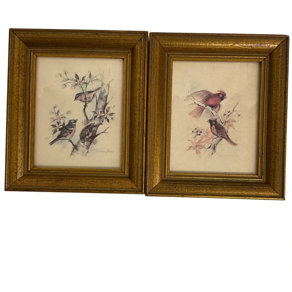 Vintage Paul Whitney Hunter Framed Bird Prints Set of 2 Cardinals Songbirds Gold